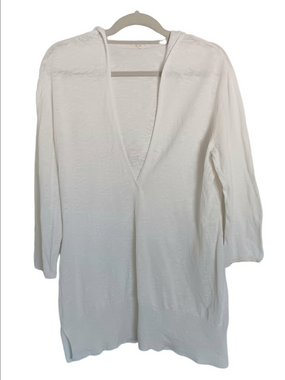 Eileen Fisher Linen Cotton Blend White Deep V-Neck Hooded Sweater/Cover-up Tunic